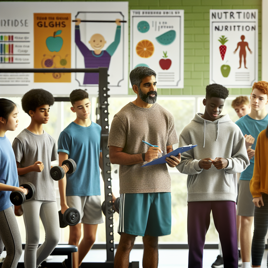High school students lifting weights and learning about nutrition in a modern school gym, supervised by a teacher, bright and energetic environment.