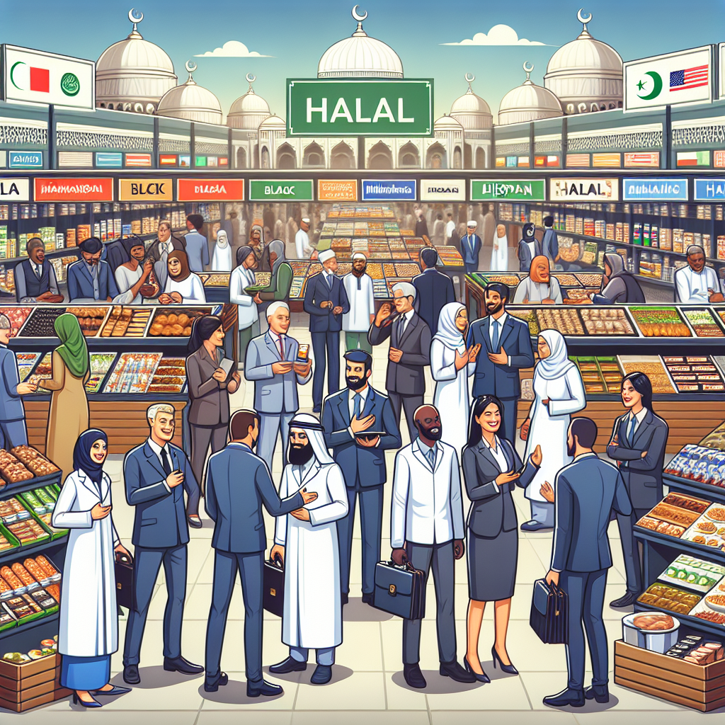 A vibrant international market scene with diverse halal food products, business professionals discussing opportunities, and clear signage indicating halal certification.