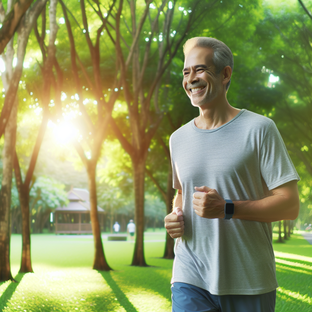 A middle-aged man in athletic wear walking briskly in a green park, smiling, with sunlight filtering through trees, symbolizing healthy lifestyle and cancer prevention.