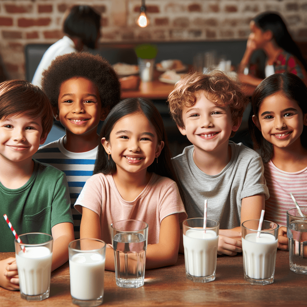 A diverse group of children smiling at a restaurant table with water and milk instead of sodas, highlighting healthy beverage choices in kids’ meals.