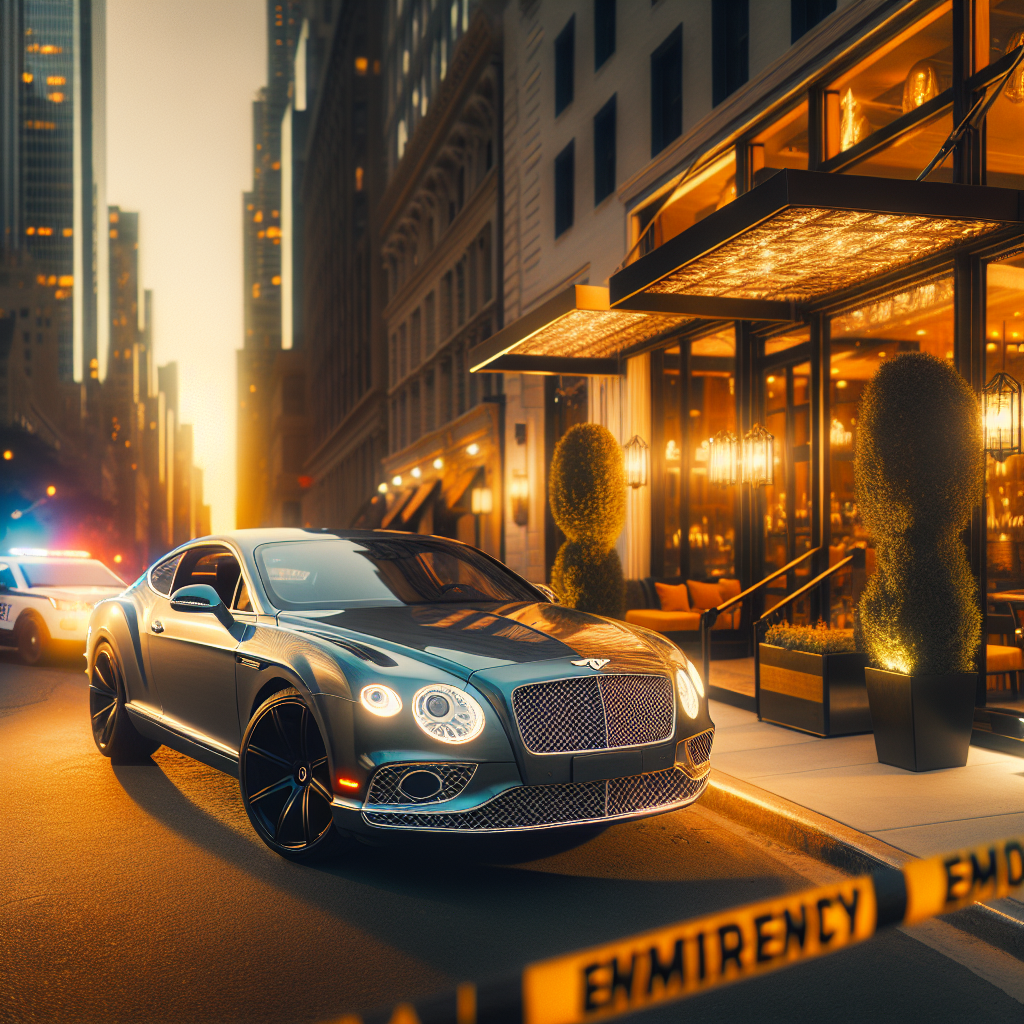 A luxury Bentley parked in front of a modern restaurant at dusk, police tape visible, with concerned bystanders and city lights in the background.