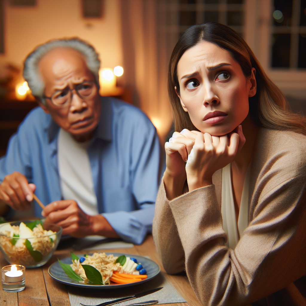 A concerned middle-aged woman noticing her elderly father suddenly changing his eating habits at the dinner table, with a worried expression in a cozy home setting.