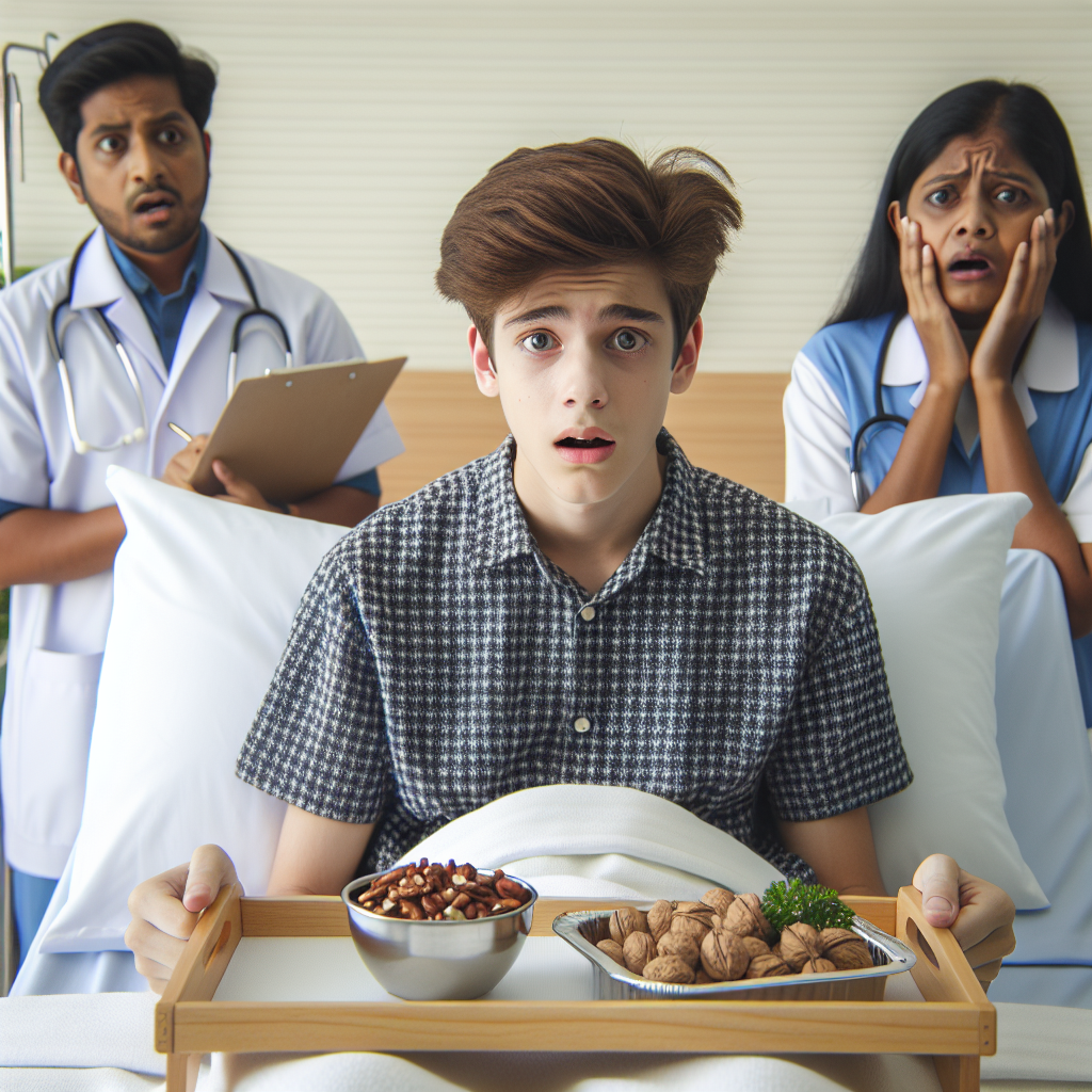A teenage boy in a hospital bed looking shocked, with a food tray containing nuts beside him, hospital staff in the background reacting with concern.