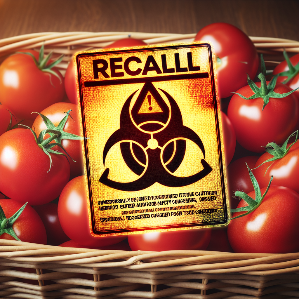A close-up of a basket of ripe red tomatoes with a recall notice overlay and a warning symbol, highlighting food safety concerns.