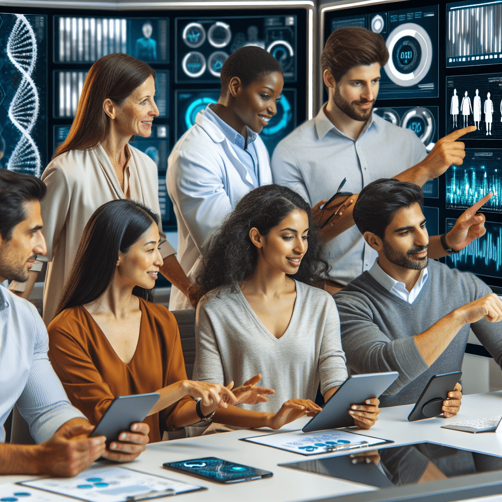 A diverse group of people using smartphones and health devices, surrounded by futuristic nutrition data and personalized diet plans, in a bright modern setting.