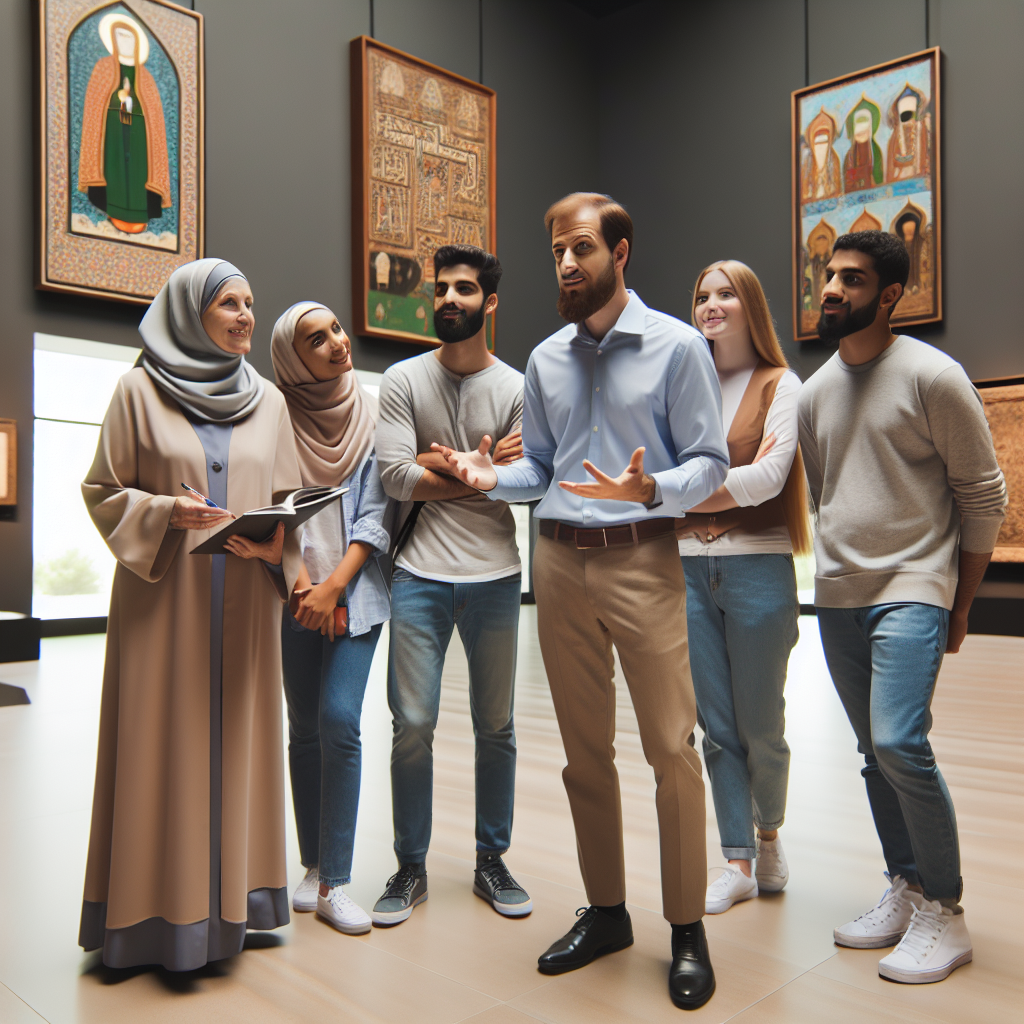 A diverse group of people touring a modern museum in Northwest Arkansas, featuring Islamic art and cultural displays, with a guide explaining exhibits.