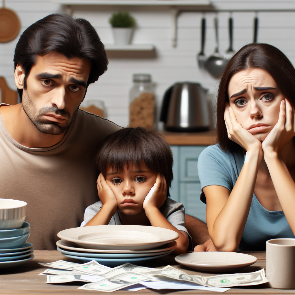 A worried family sits at a kitchen table with empty plates and overdue bills, highlighting stress over housing and food insecurity.