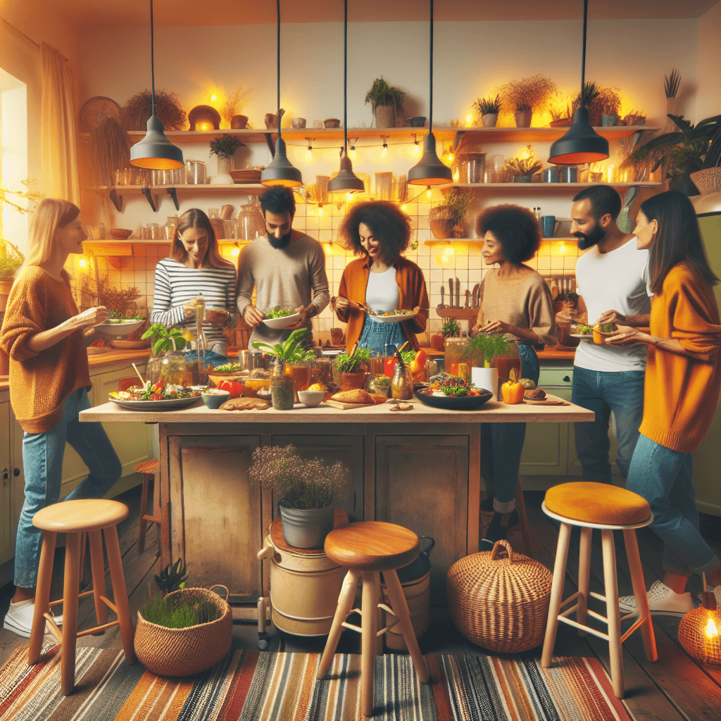 A cozy home kitchen transformed into a vibrant vegan café, with friends enjoying colorful plant-based dishes, warm lighting, and a welcoming atmosphere.