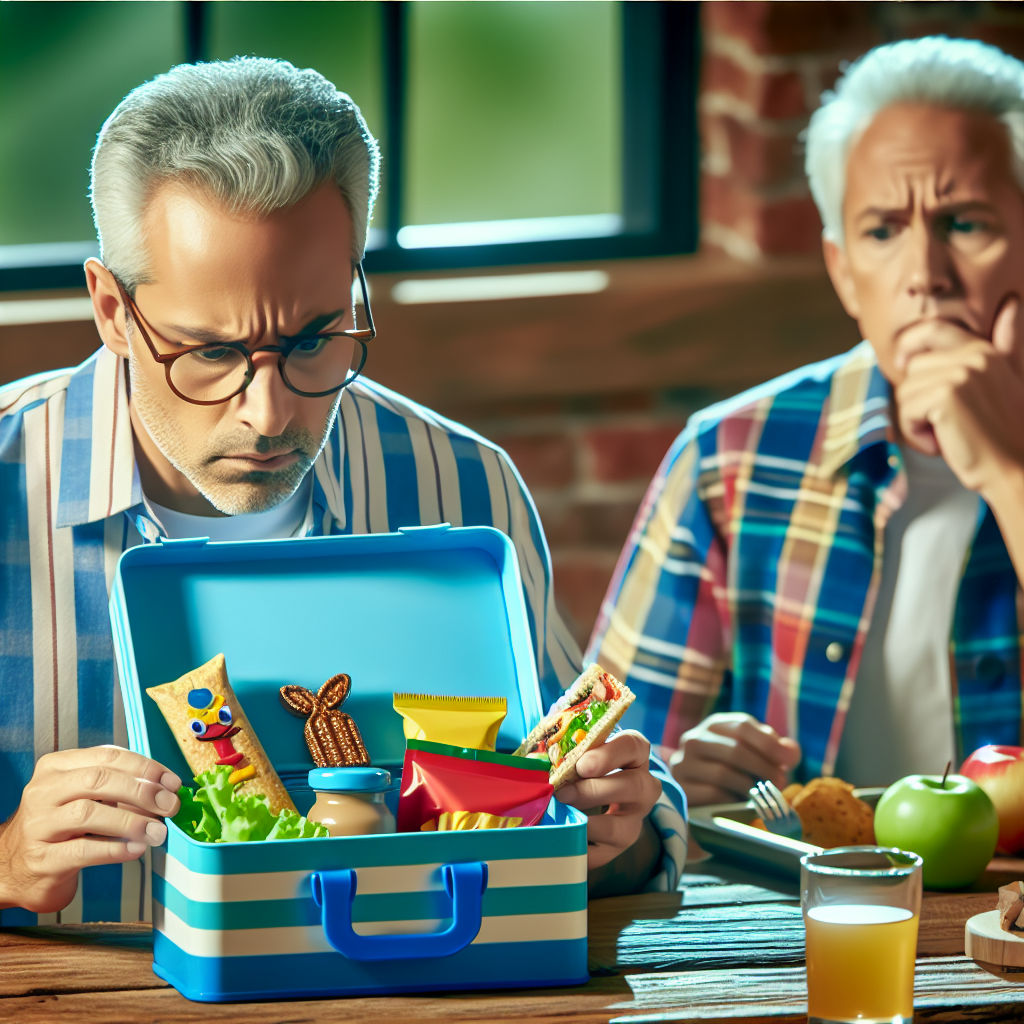 A worried parent looking at packaged snacks and sugary drinks in a child’s lunchbox, highlighting concerns about ultra-processed foods and children’s health.