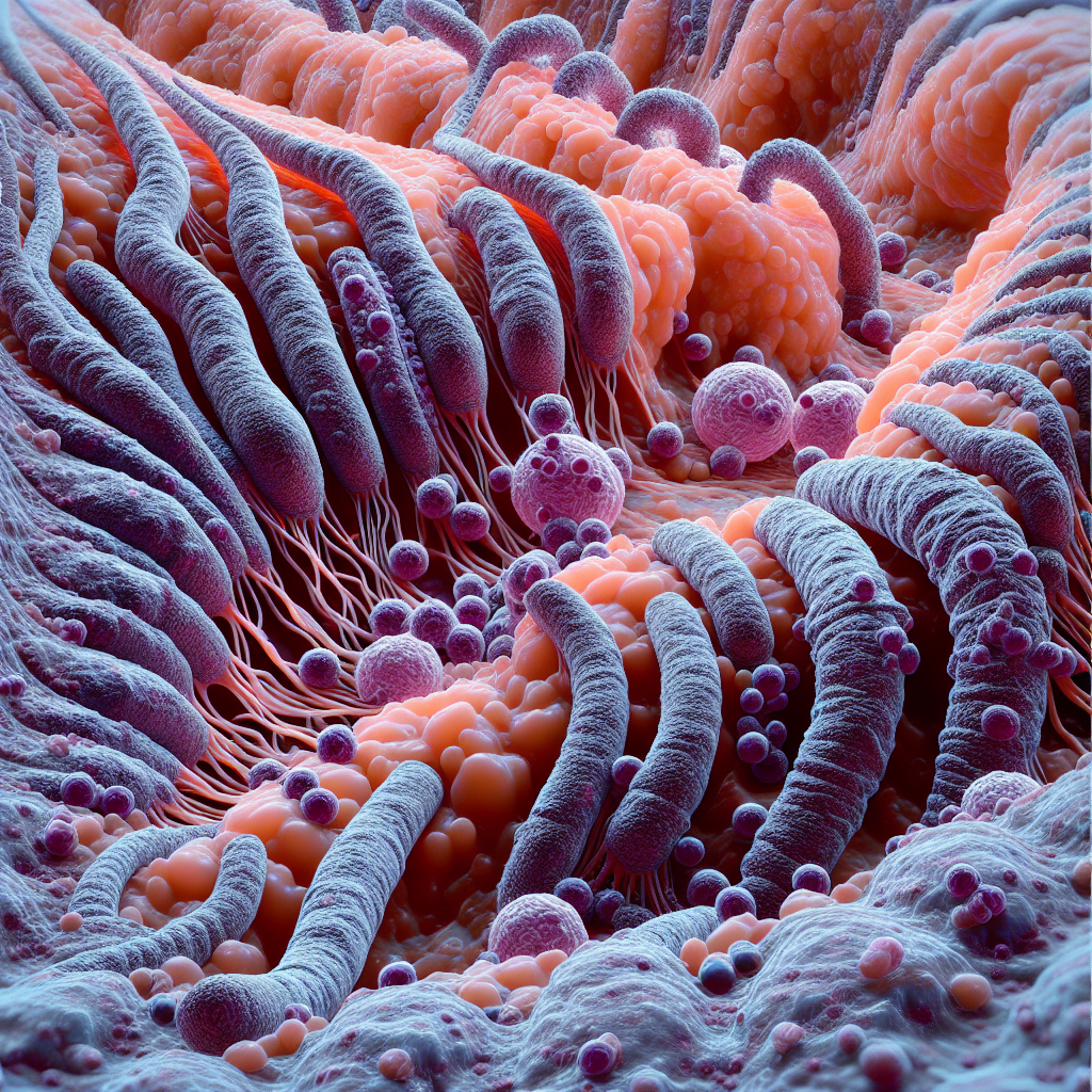 Microscopic view of human umbilical cord-derived mesenchymal stem cells interacting with inflamed intestinal mucosa, highlighting cellular pathways.