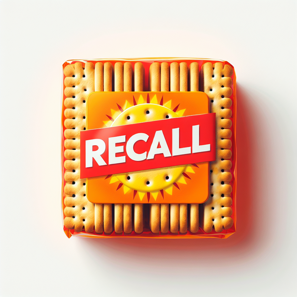 A close-up of a popular biscuit in bright packaging with a bold red recall warning label, set against a clean white background.
