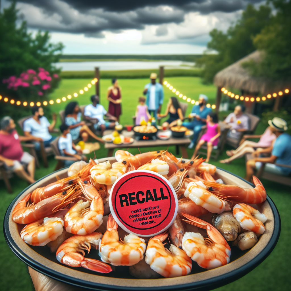 A close-up shot of a seafood platter with shrimp and fish, with a red recall warning label and a family cookout scene in the background, under cloudy skies.