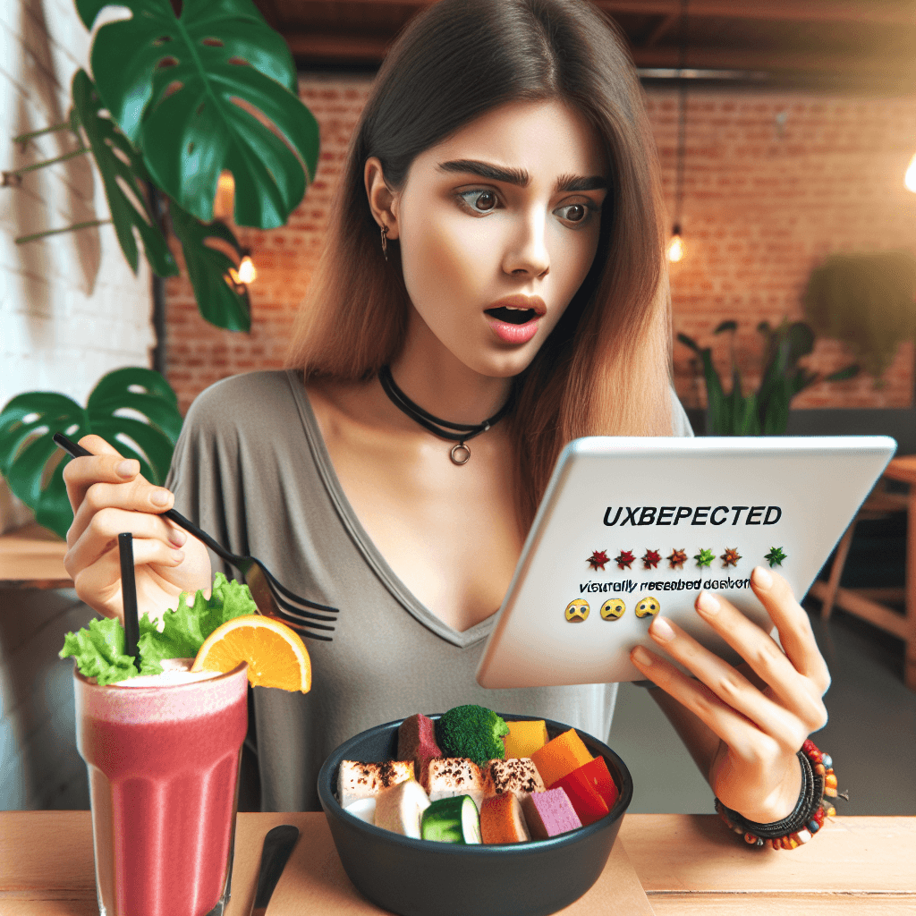 A young female vegan influencer sitting at a table with a colorful plant-based meal, looking surprised as negative social media comments appear on her screen.