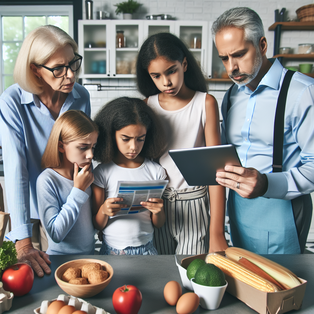 A concerned family in a modern Georgia kitchen checking food labels and news on a tablet, with grocery items on the counter, highlighting food safety awareness.