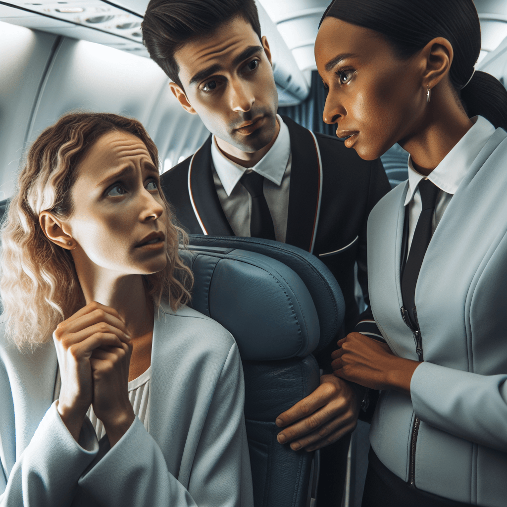 Airplane cabin with concerned female passenger talking to attentive flight attendants, emotional reactions visible, focus on in-flight allergy safety.