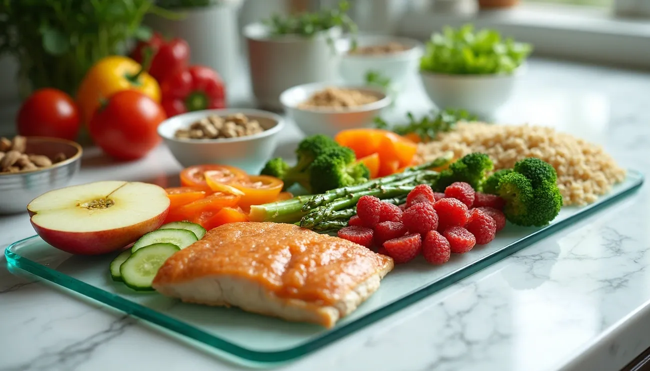 A glass platter with salmon, raspberries, broccoli, asparagus, cucumber, apple, bell pepper, and brown rice on a marble countertop.