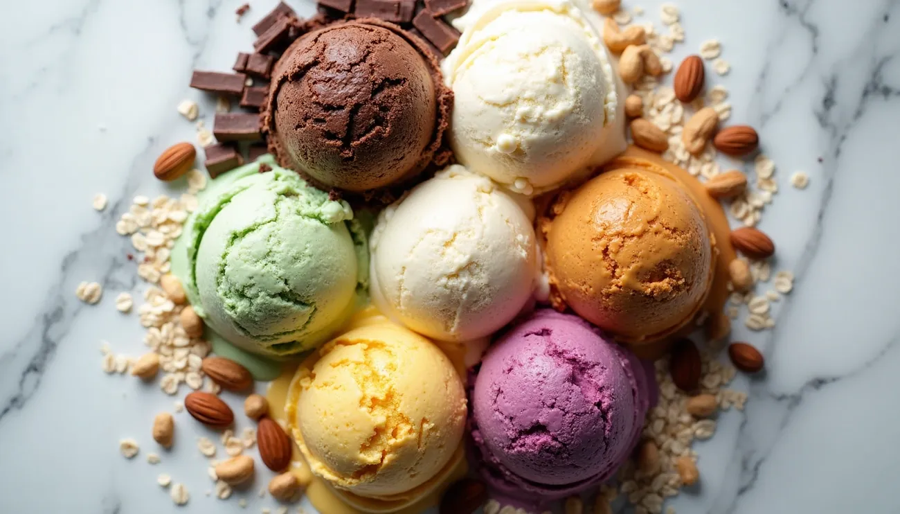 Seven colorful scoops of dairy-free ice cream surrounded by nuts and oats on a marble surface.