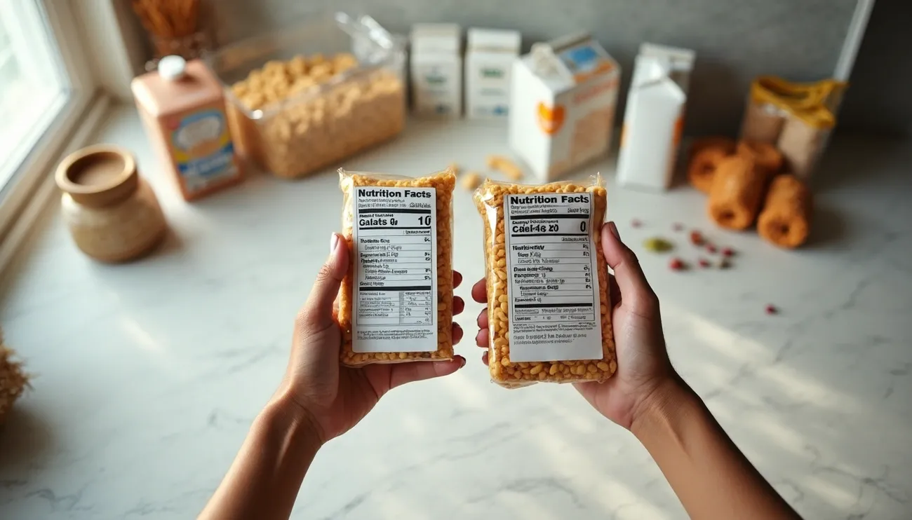 Person comparing nutrition facts labels on two snack packages in a bright kitchen setting for smart shopping.