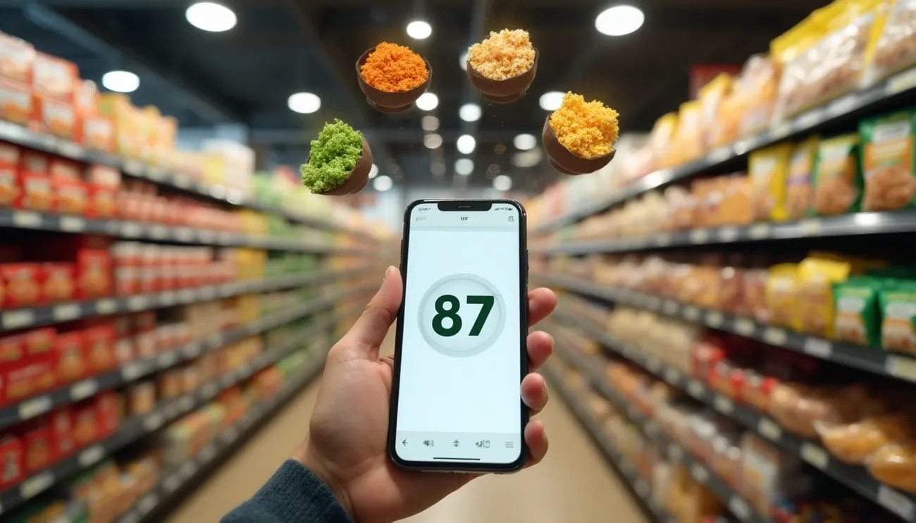 Hand holding a phone displaying a Yuka Food Scanner score of 87 in a grocery store aisle with floating food icons.