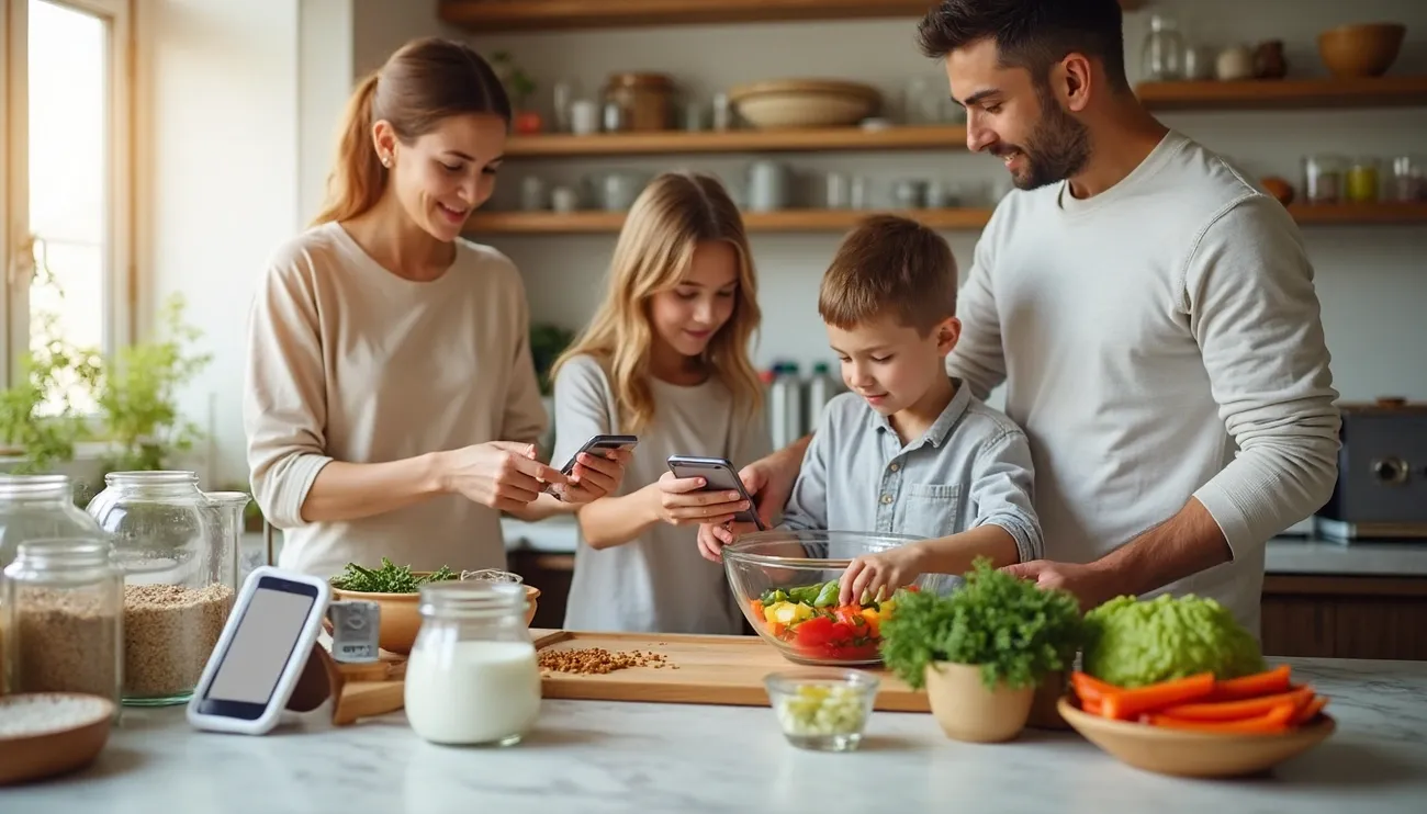 Family preparing a fresh vegetable salad together in a bright kitchen using phones for recipe guidance.