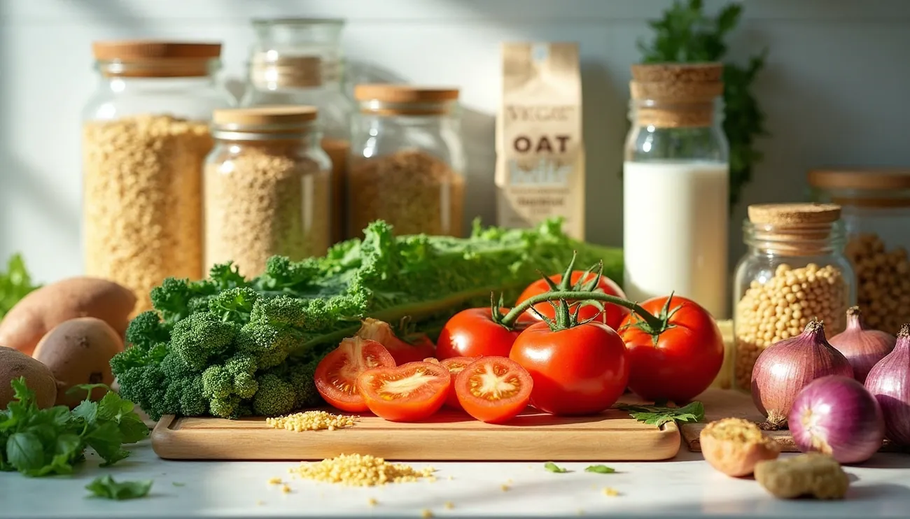 Fresh tomatoes, broccoli, onions, grains, and oat milk arranged as essential vegan grocery items for beginners in 2025.