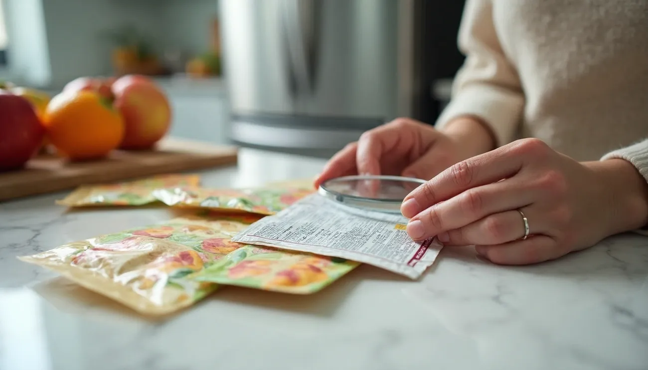 Person using a magnifying glass to read food labels on packaged snacks in a kitchen setting.