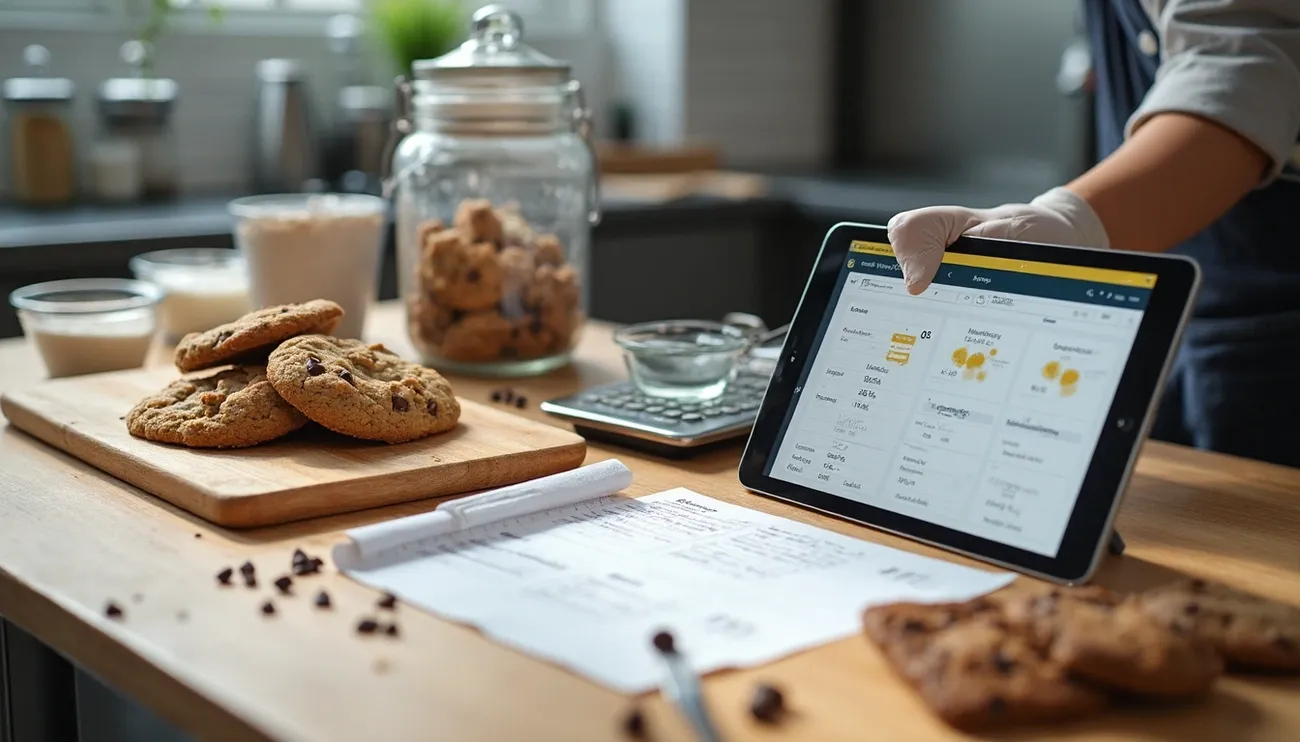 Person using a tablet to create nutrition labels next to chocolate chip cookies and baking ingredients on a kitchen counter.