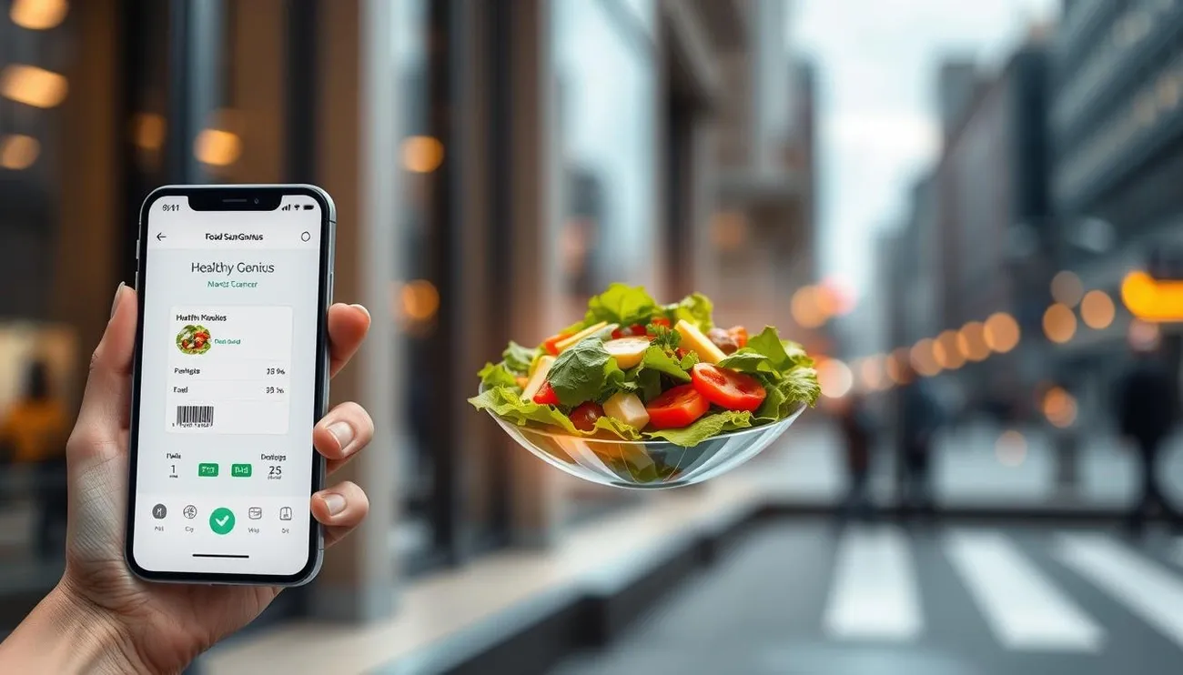 Hand holding a phone showing a Healthy Genius food scanner app with a fresh salad bowl in a blurred urban background.