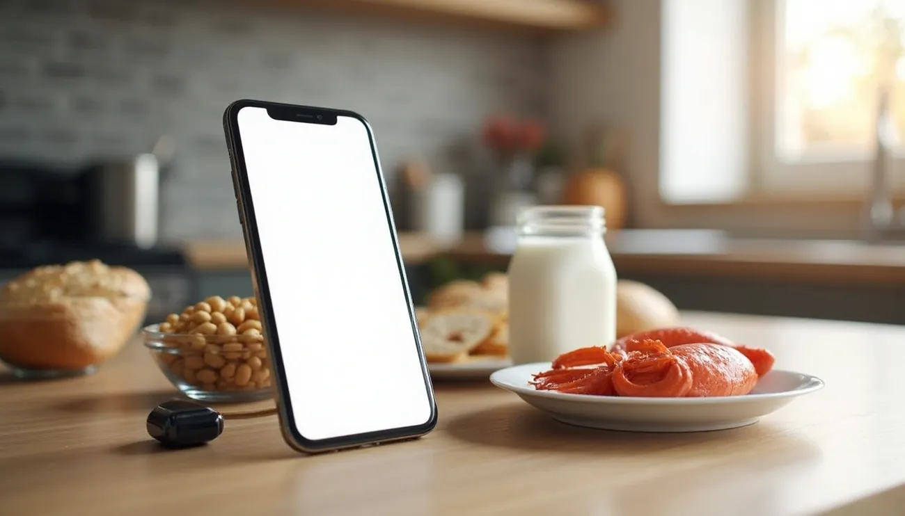 Smartphone with blank screen on kitchen counter surrounded by common allergenic foods like milk, shrimp, soy, and bread