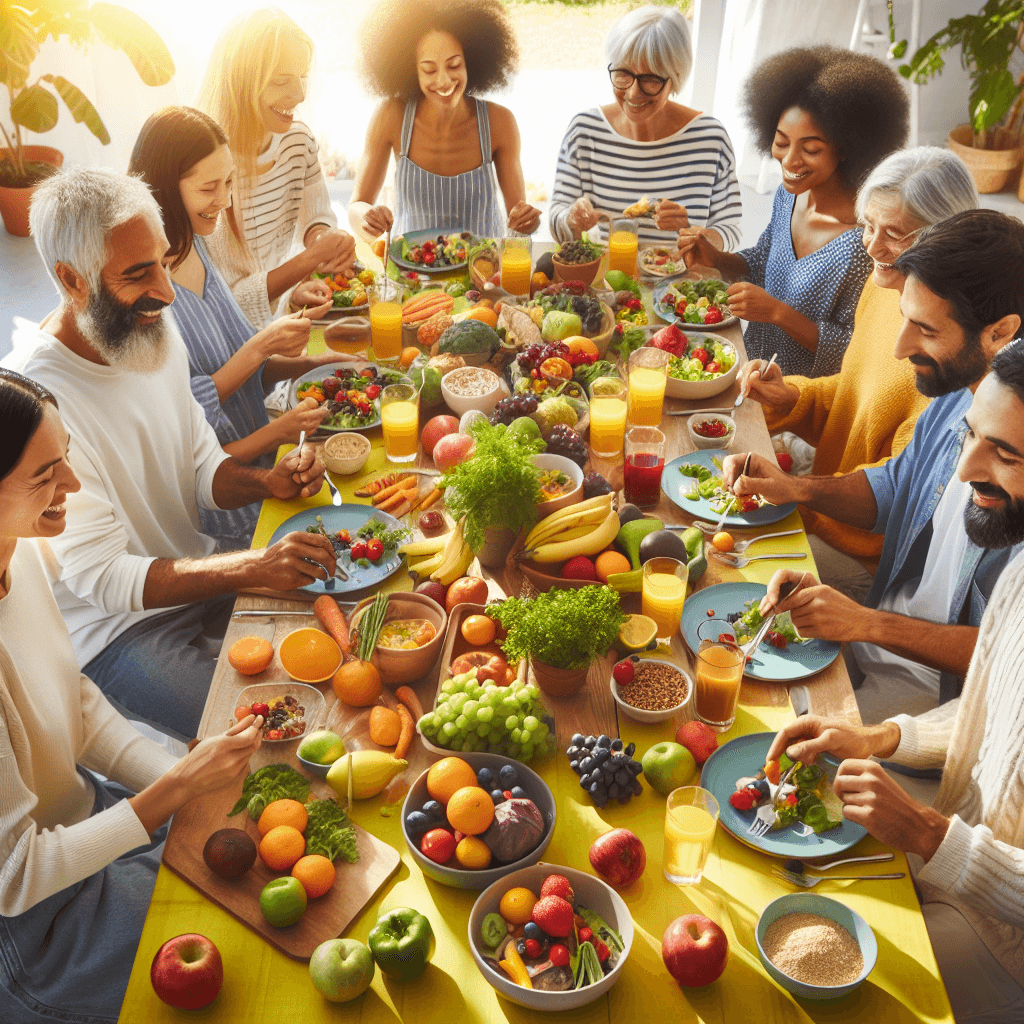 Diverse group of adults enjoying a colorful, healthy meal together at a bright table, with fresh fruits, vegetables, and whole grains prominently displayed.