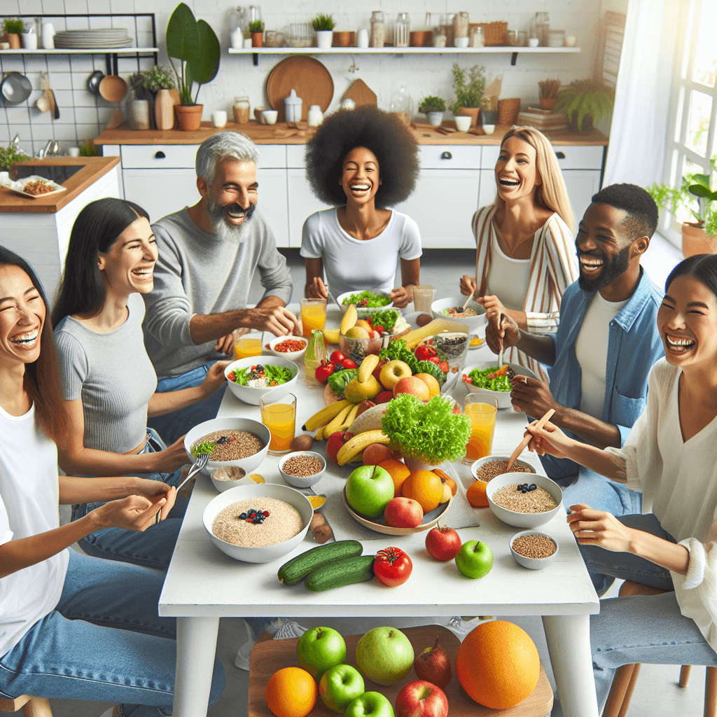 A diverse group of people enjoying a healthy meal with fresh fruits, vegetables, and whole grains at a bright kitchen table, symbolizing improved health.