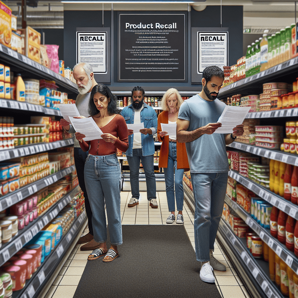 Shoppers examining product recall notices in a supermarket aisle, featuring Aldi, Sainsbury’s, and Amazon-branded items, with concerned expressions.