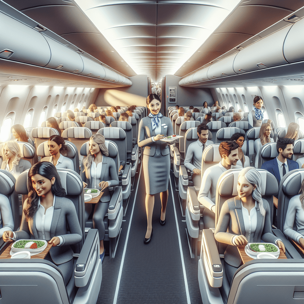 A modern airplane cabin with attentive flight attendants ensuring a safe, allergy-friendly environment, highlighting in-flight meal management.