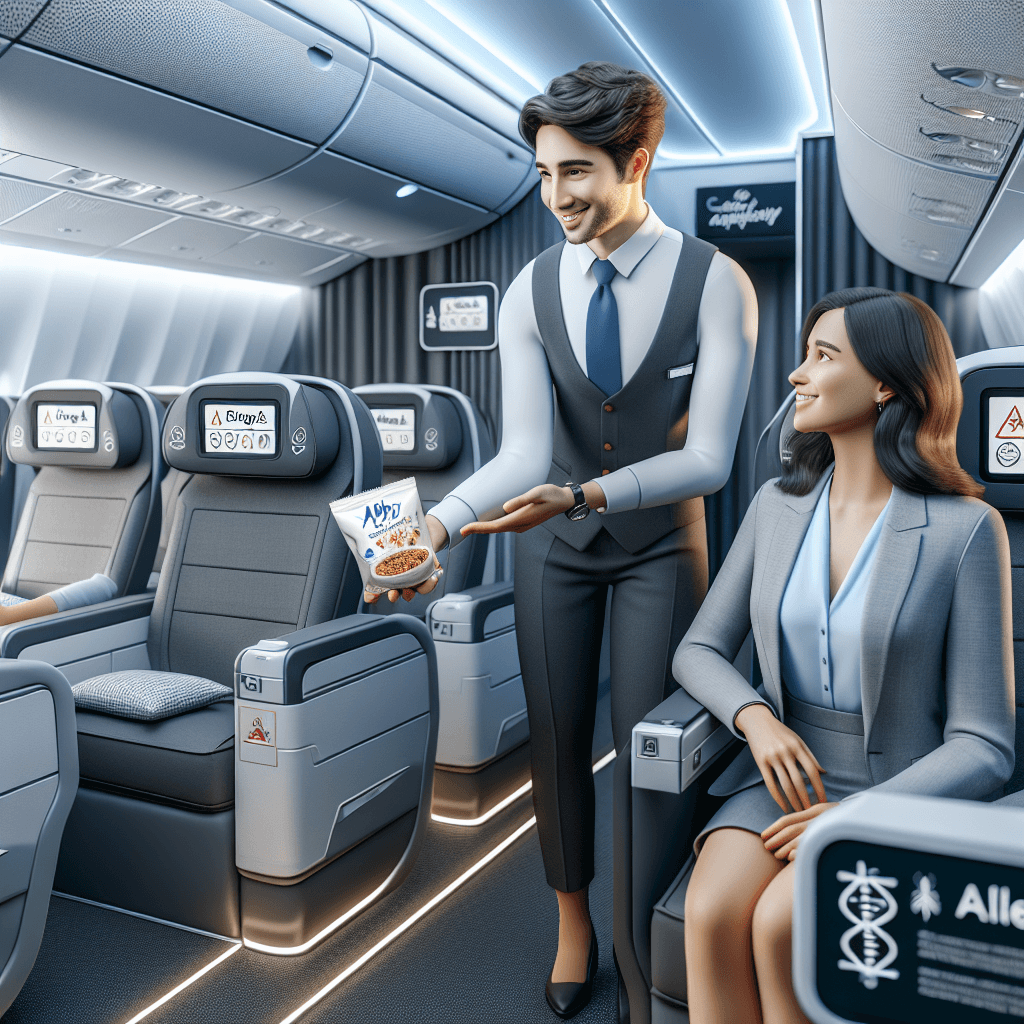 A flight attendant assisting a passenger on an airplane, with allergy-friendly snacks and clear signage indicating allergen-free zones in a modern aircraft cabin.