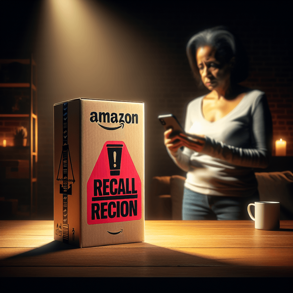 A dramatic image of a popular Amazon product with a bold red recall warning label, set against a backdrop of a concerned consumer reading an alert.