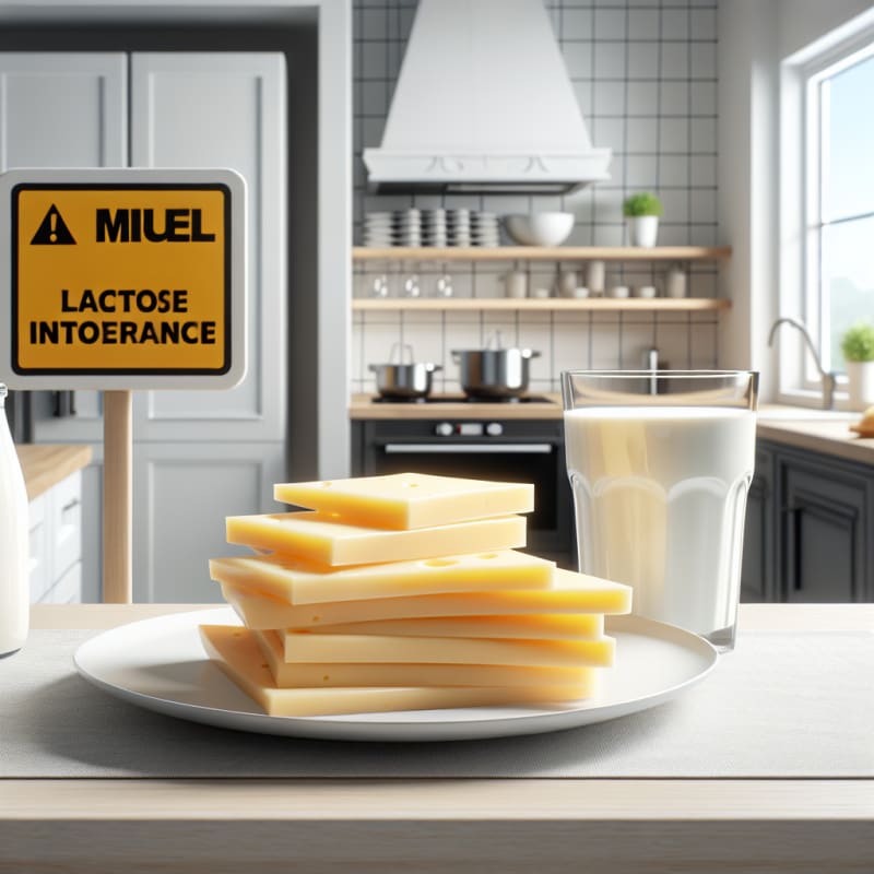 A close-up of Amul Cheese slices on a plate, with a glass of milk and a lactose intolerance warning sign in the background, in a bright modern kitchen.
