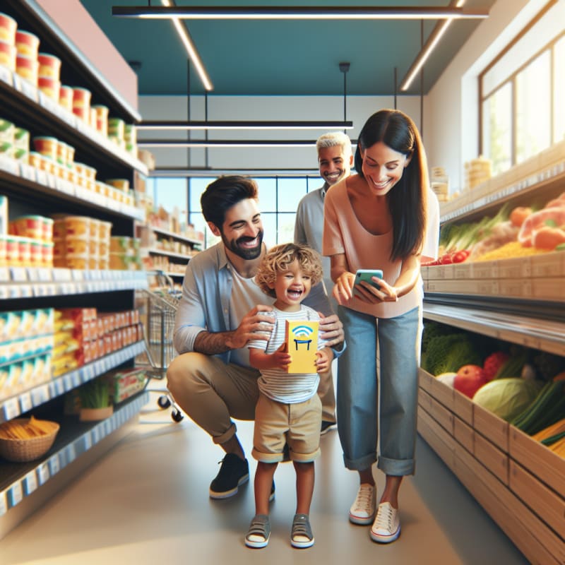 A bright, inviting scene inside a modern grocery store. A diverse family smiles as they shop together, their child excitedly scans a box of pasta with a cheerful food safety app like Food Scan Genius on a smartphone. Sunlight streams through wide windows, highlighting shelves of colorful, clearly labeled products. The atmosphere is warm and positive, with soft, pastel colors and gentle lighting that evoke trust and empowerment.