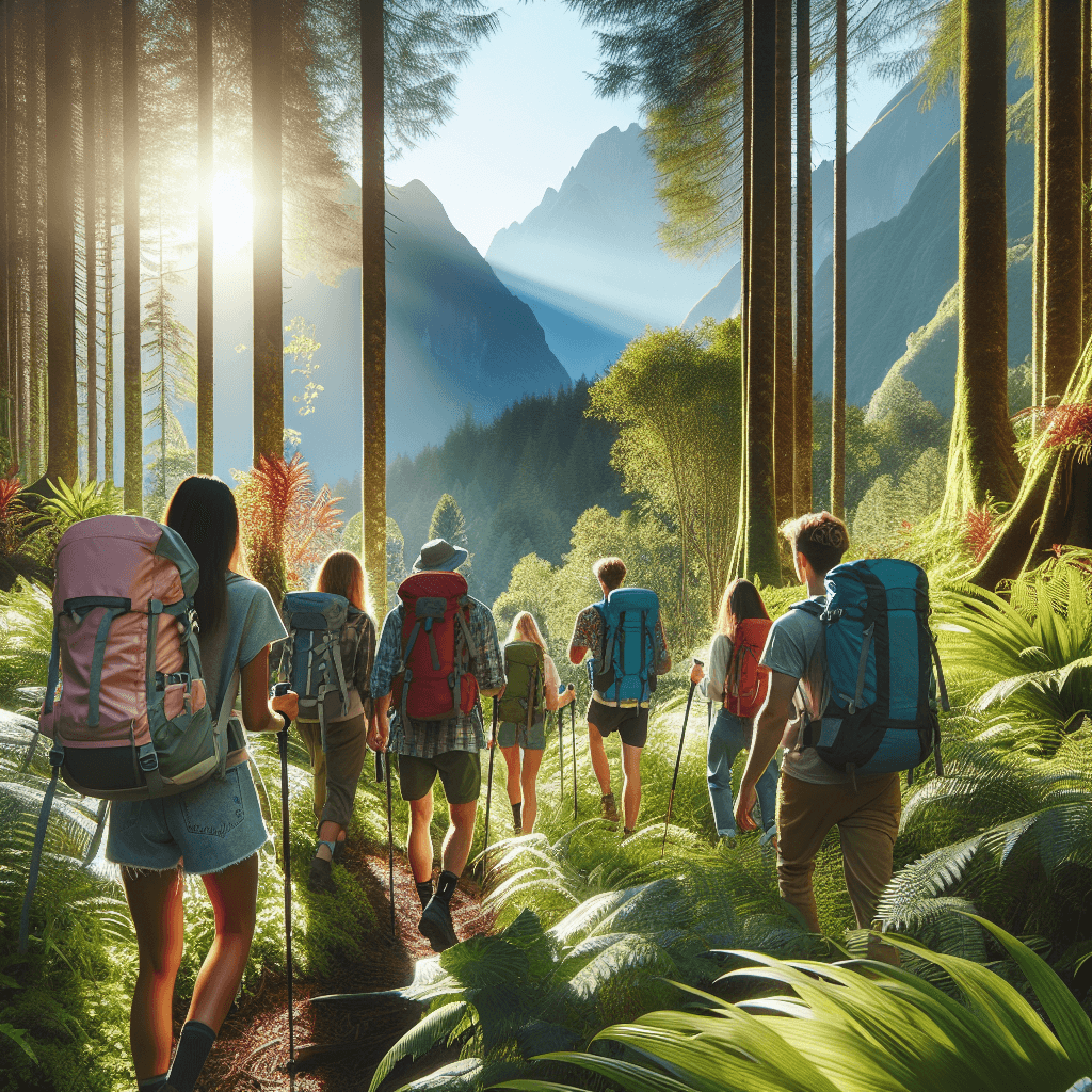 A group of hikers trekking through a lush forest, each wearing a stylish, colorful daypack, with mountains and blue sky in the background.