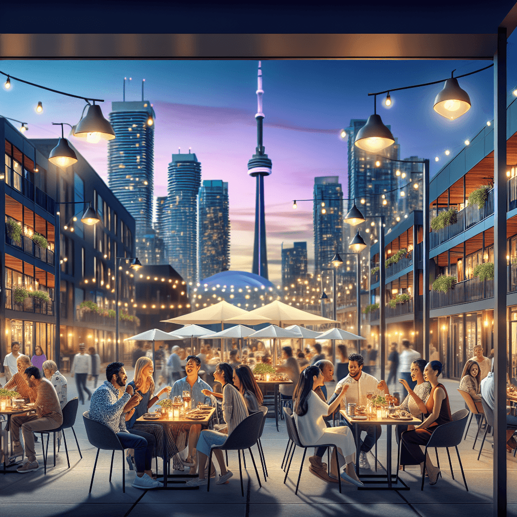 A vibrant Toronto street scene featuring diverse people dining at stylish modern restaurants with lit-up patios and city skyline in the background.