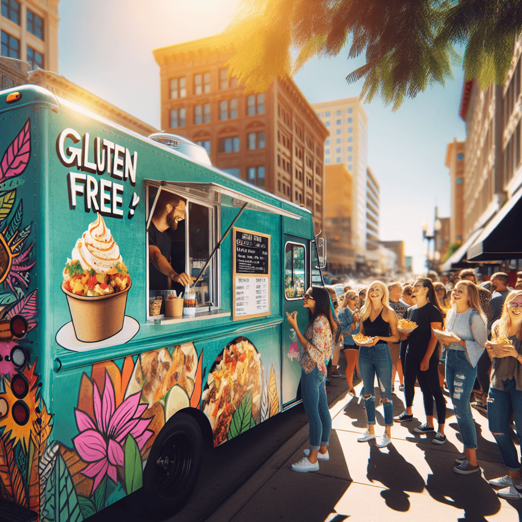 A vibrant food truck serving smiling customers, with clearly marked gluten-free menu options, set in a busy Bismarck street scene.