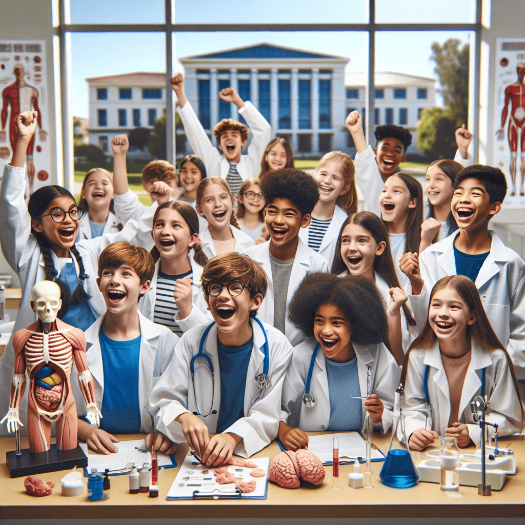 A diverse group of excited middle school students in lab coats participating in a hands-on healthcare summer camp activity at a college campus.