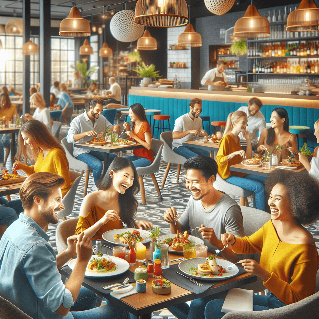 A vibrant restaurant scene showing a diverse group of happy people enjoying allergy-friendly meals at Burtons Grill & Bar, with colorful plated dishes.