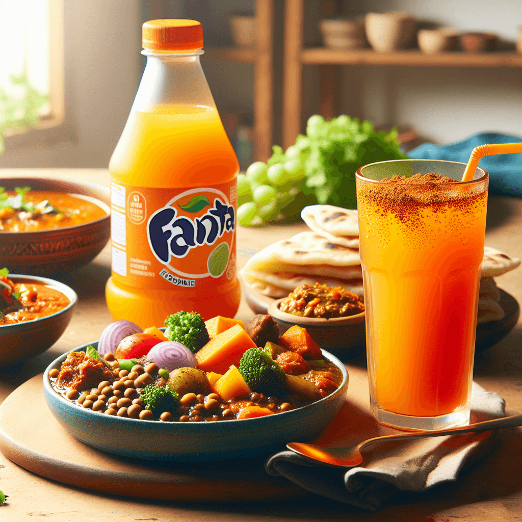 A glass of bright orange Fanta next to Jain vegetarian food on a wooden table, with clear ingredient labels in the background.