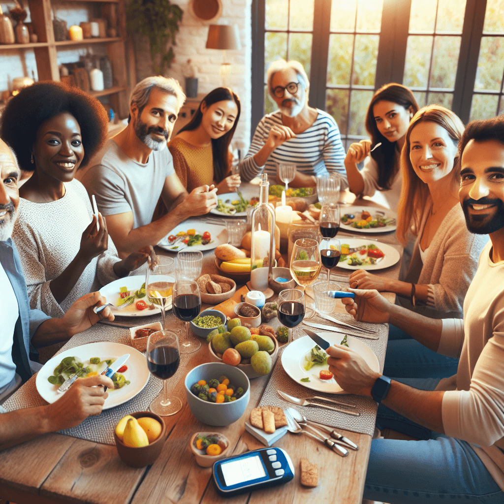 A diverse group of adults at a dinner table with healthy food and glasses of wine, one person checking their blood sugar, bright and welcoming atmosphere.