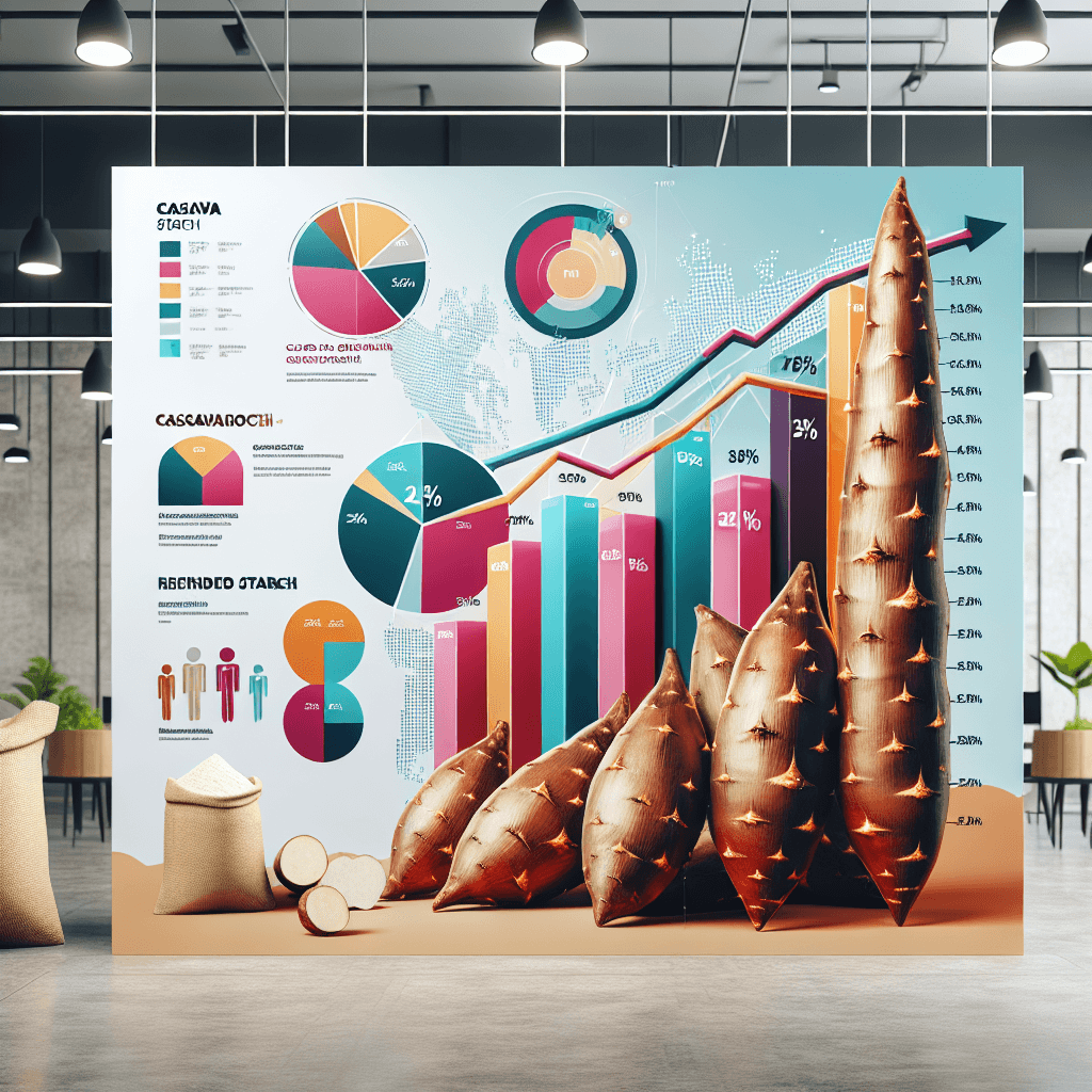 A vibrant infographic showing global growth trends in the cassava starch market with charts, cassava roots, and bags of refined starch set against a modern business backdrop.