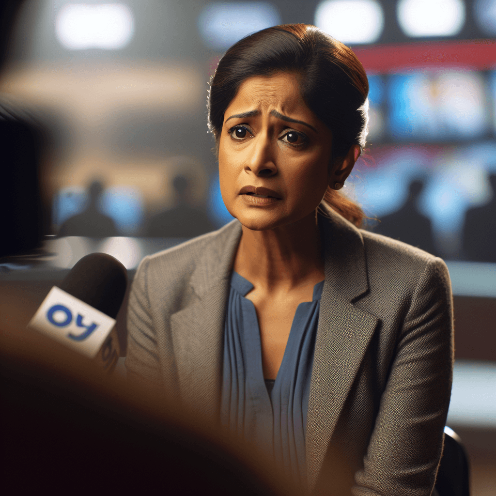 A concerned Indian woman giving a heartfelt interview, expressing emotion, with a blurred background suggesting a news setting.