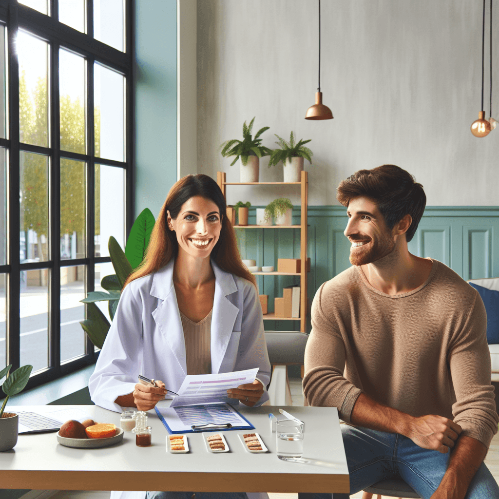 A modern health and wellness clinic with a friendly nutritionist reviewing food sensitivity test results with a smiling client, bright and welcoming atmosphere.