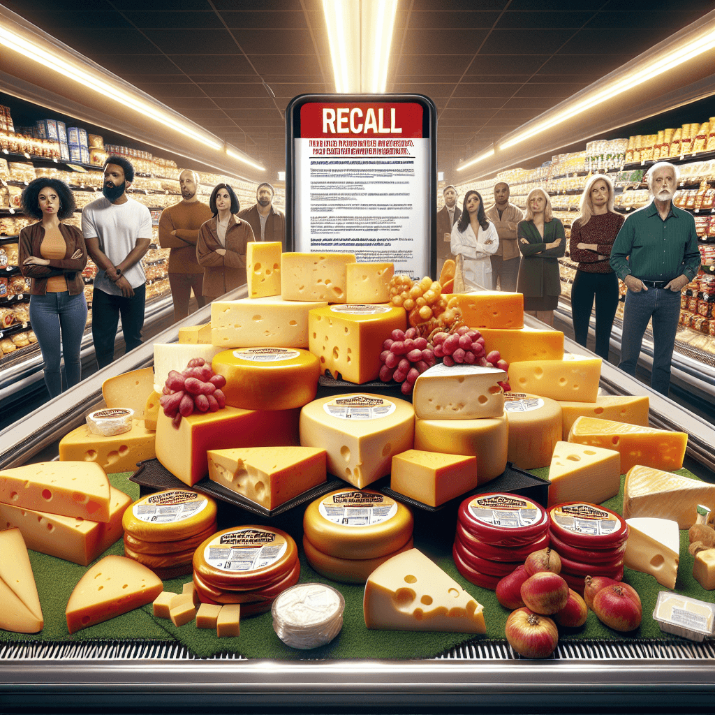 Close-up of assorted cheese products in a grocery store display, with a red recall warning sign and concerned shoppers in the background.