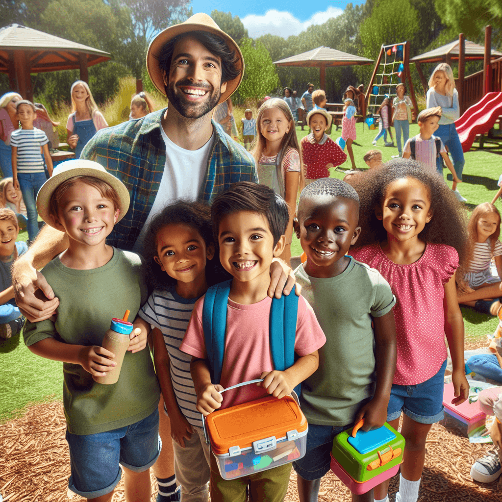 A group of smiling children at summer camp, one holding an allergy-friendly lunchbox, with a counselor assisting, in a sunny outdoor setting.