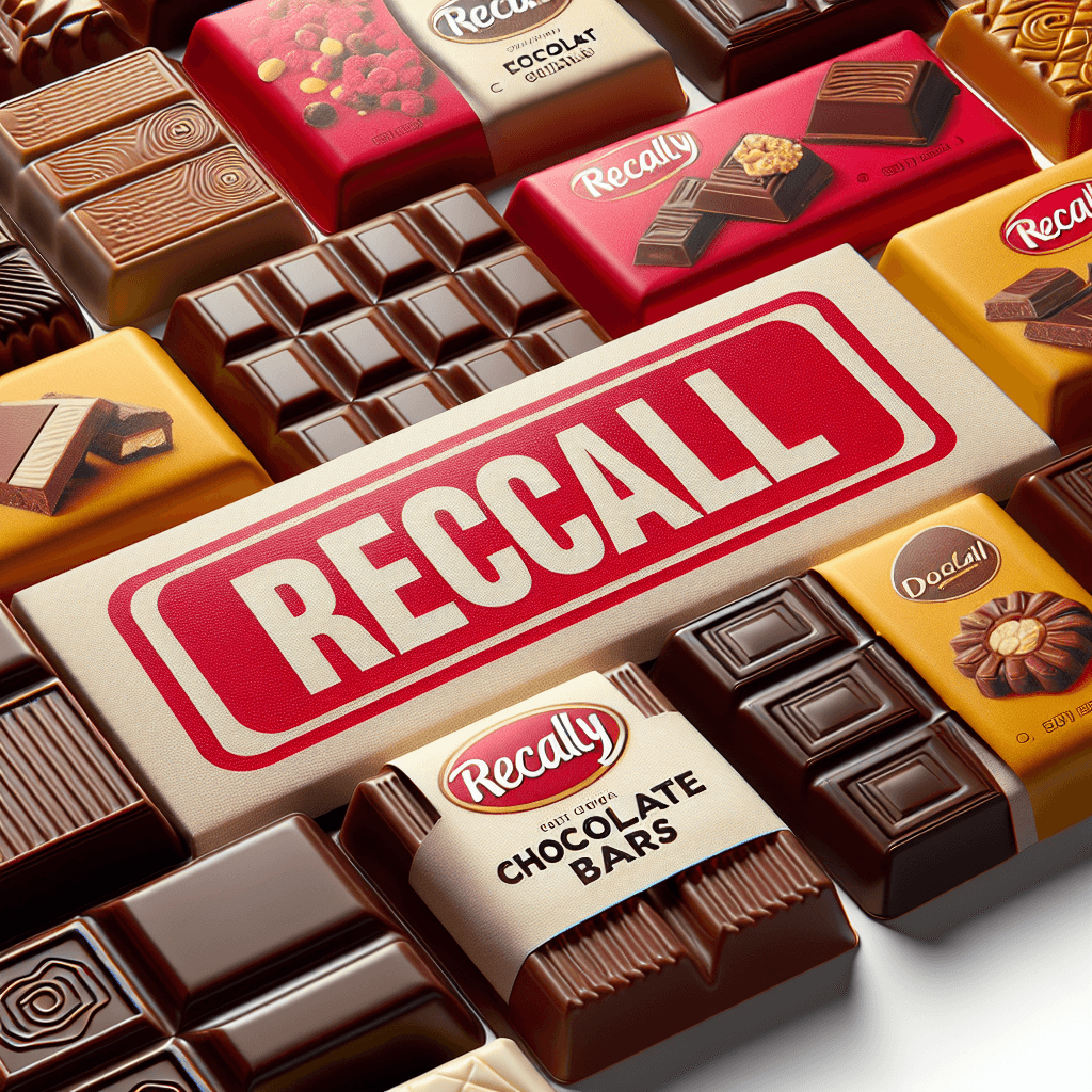 A close-up of assorted chocolate bars with a red recall warning label, set on a clean white background, to highlight food safety and allergen concerns.